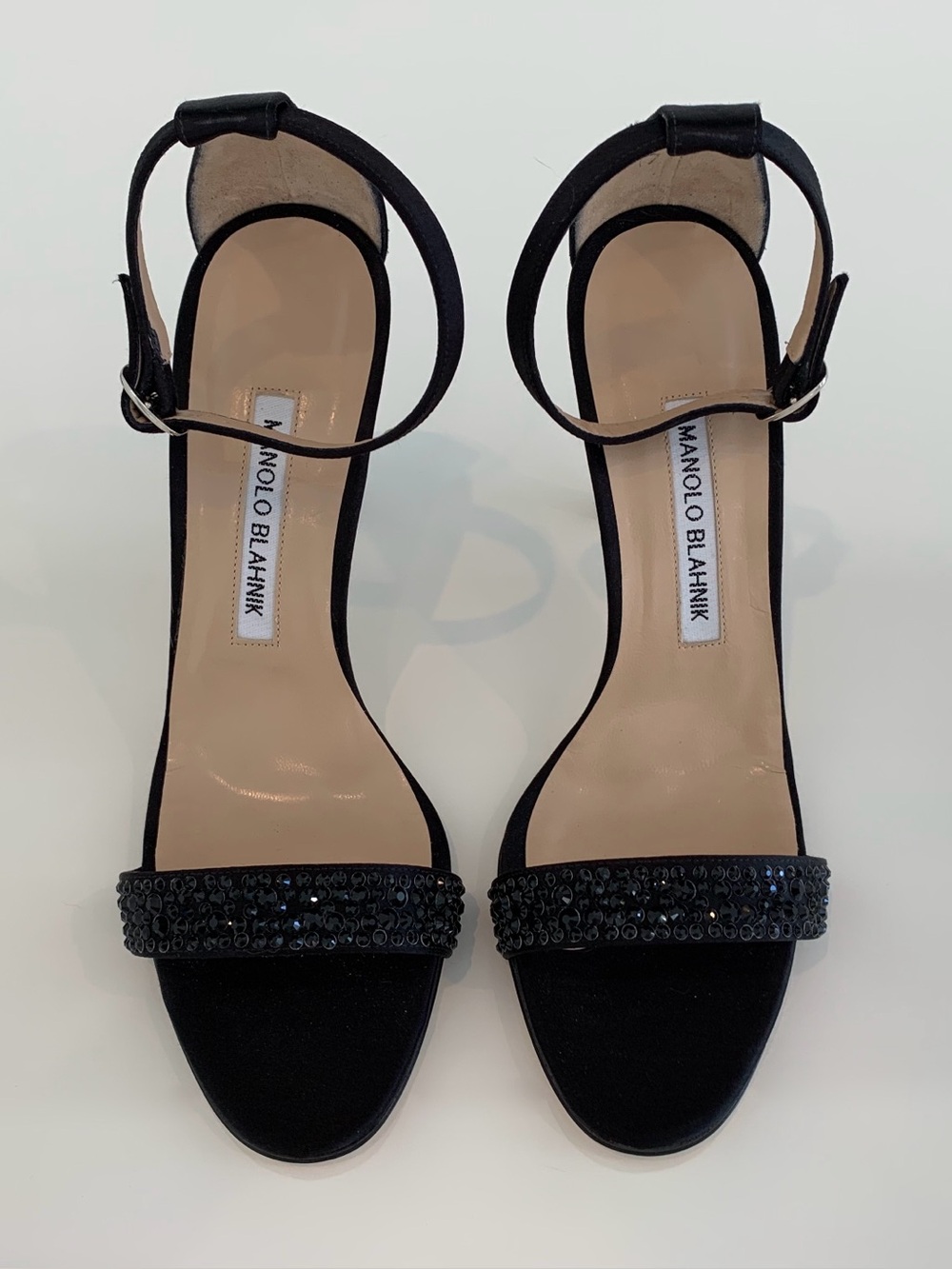 MANOLO BLAHNIK BLACK SATIN CRYSTAL SANDALS SIZE IT 37.5 / US 7.5 NEW IN BOX!